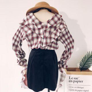 Plaid Ruffle Bow-neck Blouse