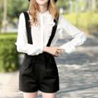 Set : Stand-collar Long-sleeve Blouse + Suspender Shorts