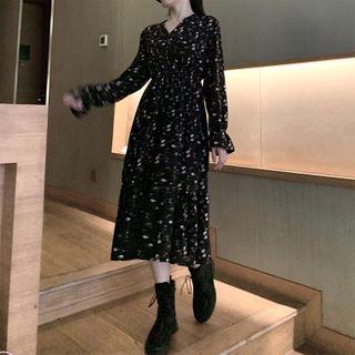 Long-sleeve Floral Print Midi A-line Dress Floral - One Size