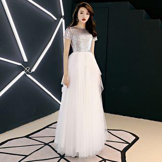 Sequin Short-sleeve A-line Evening Gown