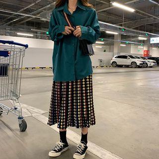 Drop-shoulder Plaid Shirt / Printed A-line Skirt