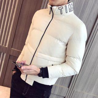 Stand Collar Lettering Embroidered Zip Padded Jacket
