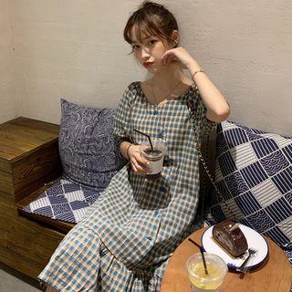V-neck Puff-sleeve Plaid Short-sleeve Dress