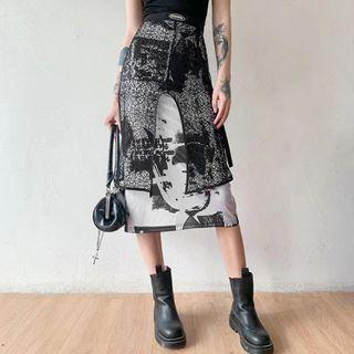 Printed Mesh Panel Midi Pencil Skirt