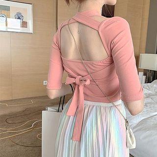 Plain Short-sleeve Slim-fit Halter Top Pink - One Size