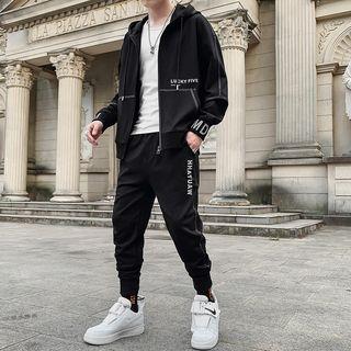 Set: Hooded Lettering Zip Jacket + Harem Pants