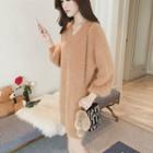 V-neck Long-sleeve Faux-fur Knit Dress