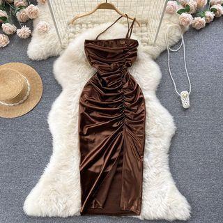 Spaghetti-strap One-shoulder Shirred Slit Midi Sheath Dress