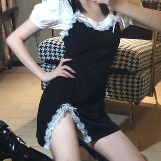 Short-sleeve Paneled Slit Mini A-line Dress Black - One Size