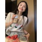 Elbow-sleeve Flower Applique Knit Top White - One Size