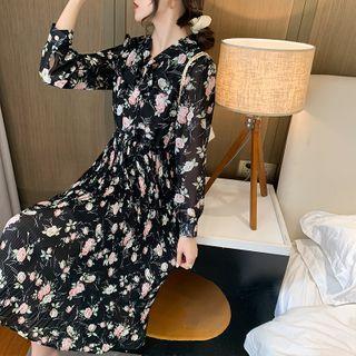 Lace-up Floral Print Chiffon Dress / V-neck Cable Knit Vest