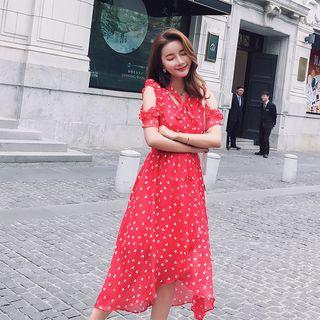 Heart Print Cold Shoulder A-line Midi Chiffon Dress