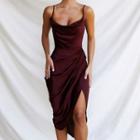 Spaghetti Strap Satin Ruched Slit Midi Dress