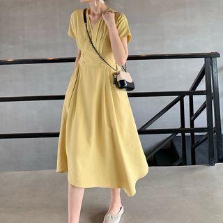Short-sleeve Crinkled Asymmetric A-line Midi Dress