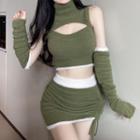 Cut-out Knit Crop Tank Top / Arm Sleeves / Drawstring Mini Pencil Skirt / Set
