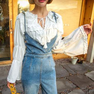 Bel-sleeve Tasseled Laced Peasant Blouse