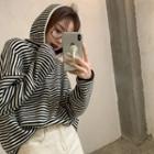Long-sleeve Striped Hooded T-shirt As Figure - One Size