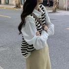 Striped Sweater Vest / Blouse / Slit Midi A-line Skirt