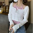 Long-sleeve Mock Two-piece Chain Detail T-shirt