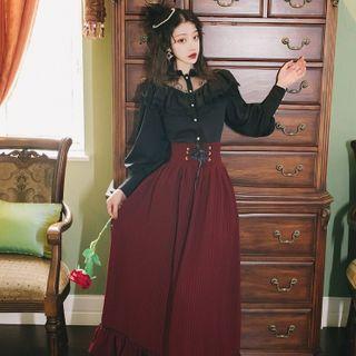 Set: Lace Trim Ruffle Blouse + Striped Maxi A-line Skirt