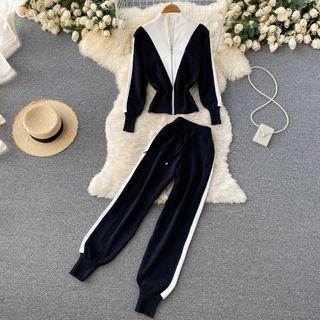 Set Of 2 : Stand-collar Color Block Zip Jacket + High-waist Gathered Cuff Sweatpants Black - One Size