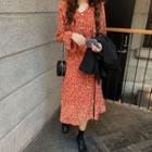 Long-sleeve Floral Midi A-line Dress Tangerine Red - One Size