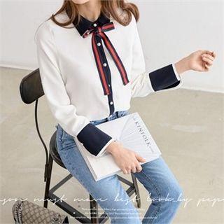 Faux-pearl Detail Color-block Blouse With Sash