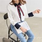 Faux-pearl Detail Color-block Blouse With Sash