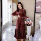 Long-sleeve Ruffled Buckled Velvet Dress