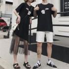 Couple Matching Mesh Panel Short-sleeve T-shirt Dress / Pig Print Short-sleeve T-shirt / Shorts