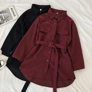 Plain Single-breasted Corduroy Long-sleeve Dress With Belt