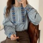 Embroidered Long-sleeve Blouse Blue - One Size