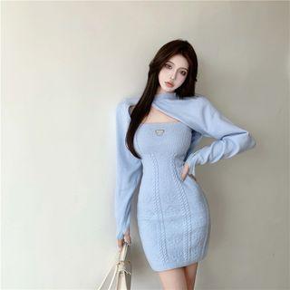 Set: Spaghetti Strap Cable-knit Mini Sheath Dress + Cropped Sweater