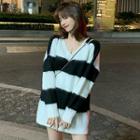V-neck Furry Striped Sweater As Shown In Figure - One Size