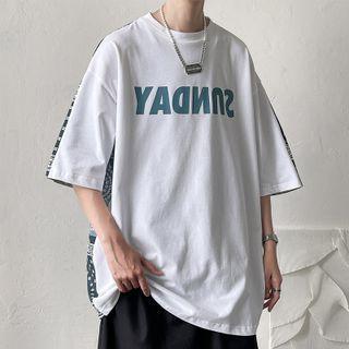 Elbow-sleeve Lettering Paisley Panel T-shirt