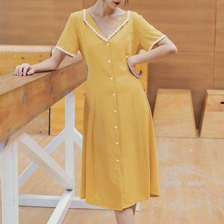 Short-sleeve Crochet Trim Midi Shirtdress