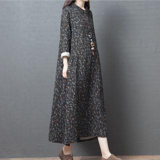 Long-sleeve Leaf Print A-line Midi Shirtdress