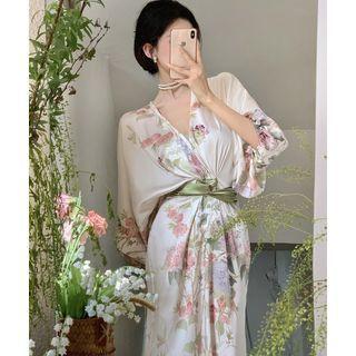 3/4-sleeve V-neck Flower Print Maxi Dress Off-white & Green - One Size