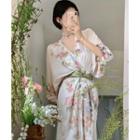 3/4-sleeve V-neck Flower Print Maxi Dress Off-white & Green - One Size