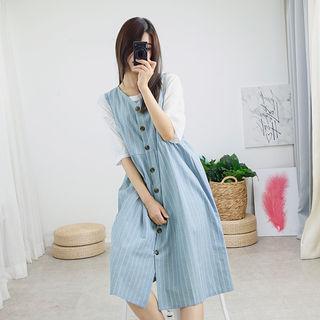 V-neck Sleeveless Pinstripe Shirtdress
