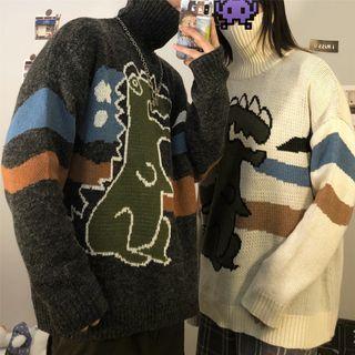 Turtleneck Dinosaur Print Sweater