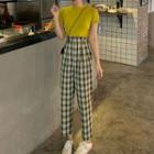 Short-sleeve Plain T-shirt / Plaid Harem Pants / Set