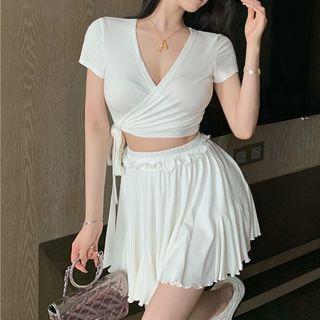 Short-sleeve Wrap Crop Top / Mini A-line Skirt