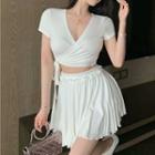 Short-sleeve Wrap Crop Top / Mini A-line Skirt
