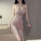 Spaghetti Strap Open-back Glitter Cocktail Dress