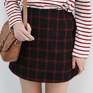 Band-waist Checked Flannel Mini Skirt