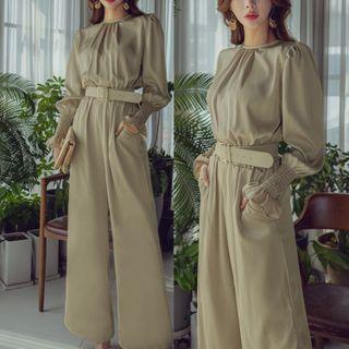 Set: Long-sleeve Wide Leg Jumpsuit + Belt