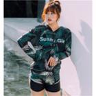 Set: Leaf Print Tankini + Cover-up Hoodie