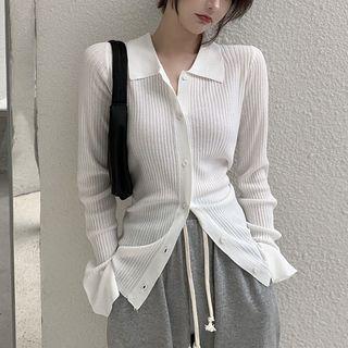 Ribbed Polo-neck Knit Top / Wide Leg Pants
