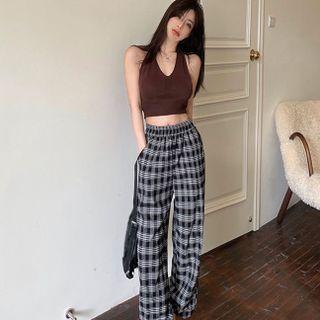 Sleeveless Crop Top / Plaid Wide Leg Pants